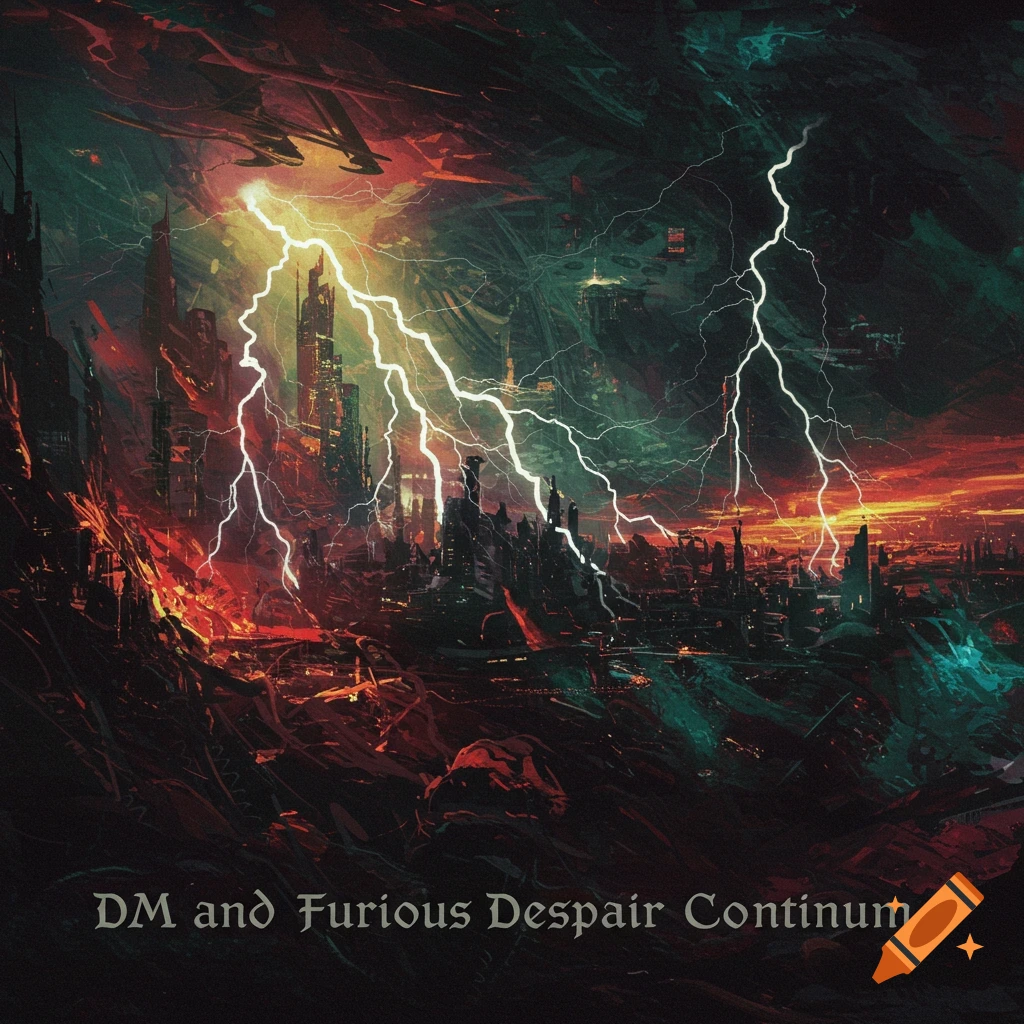 A dark sci-fi city hit by lightning.