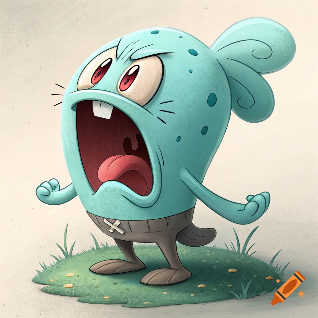A blue cartoon creature blending Wobbuffet and Squidward stands on grass, yelling with its mouth wide open.