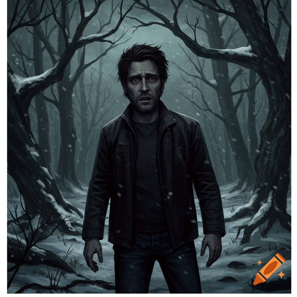 A worried man in a spooky snowy forest