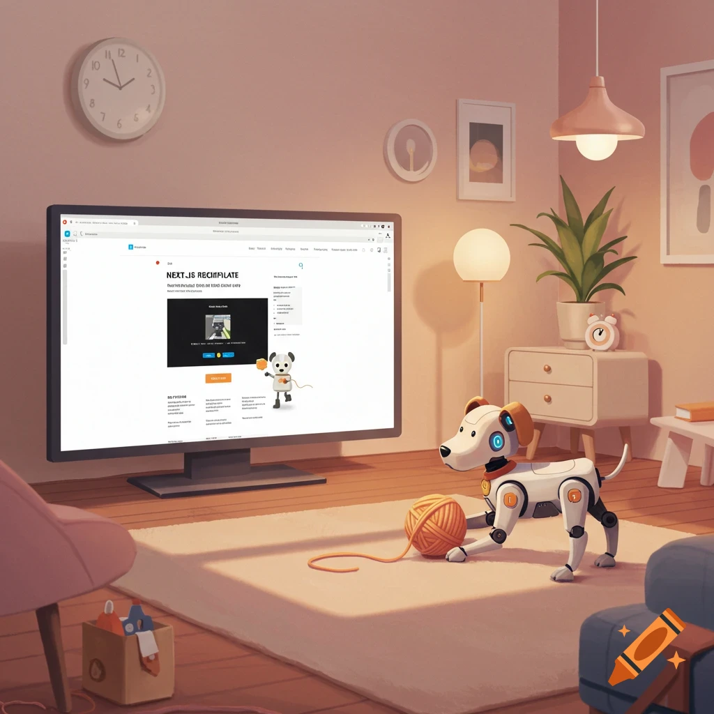 A cartoonish robot dog plays with a ball of yarn in a cozy room with a large computer monitor.
