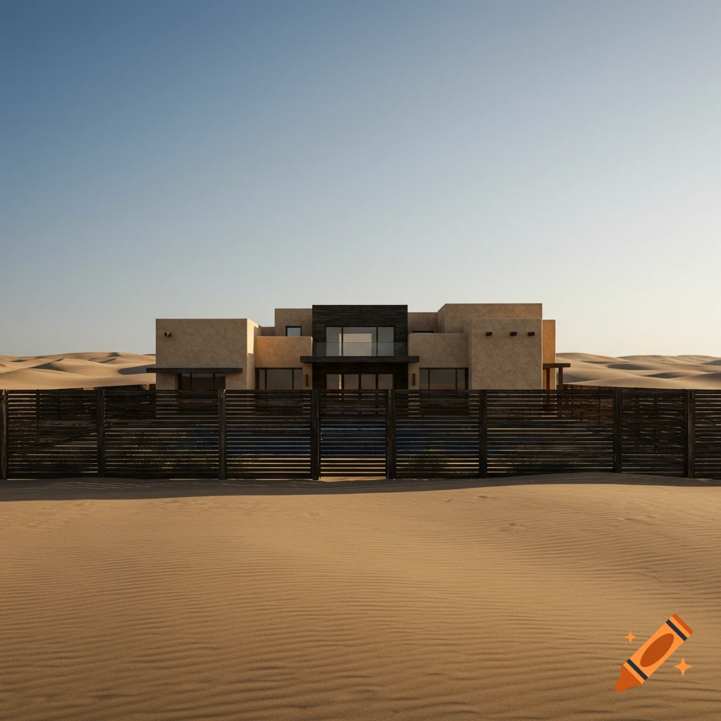 A modern, cubist house stands behind a fence in a sandy desert landscape under a clear blue sky.