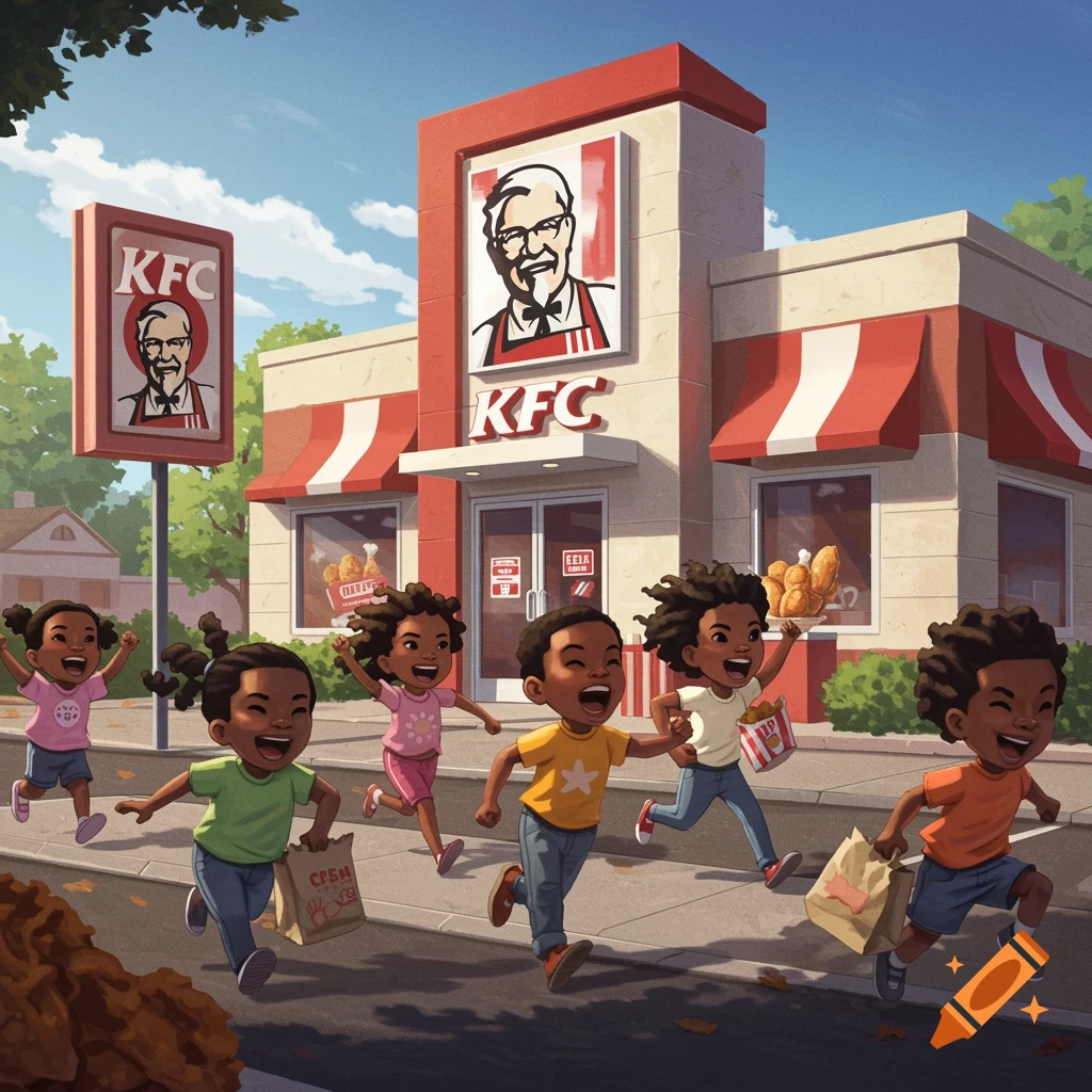 Cartoon illustration of excited children running towards a KFC restaurant.