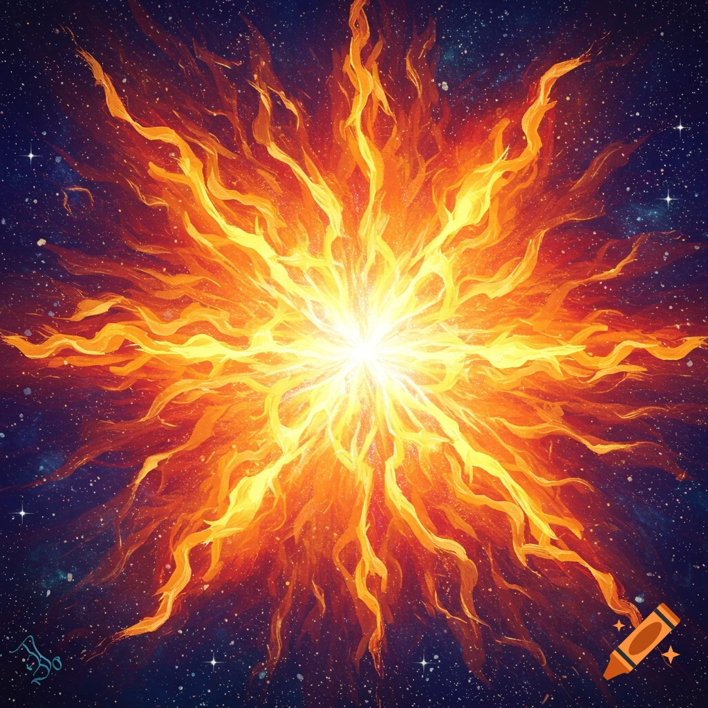 Bright fiery energy radiating outwards in space.