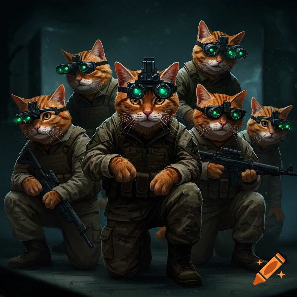 A team of orange tabby cats wearing military camouflage and night vision goggles, some holding rifles.