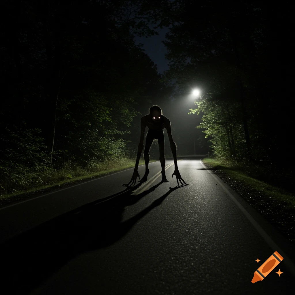 Tall slender creature with glowing eyes standing on a dark road at night, photorealistic