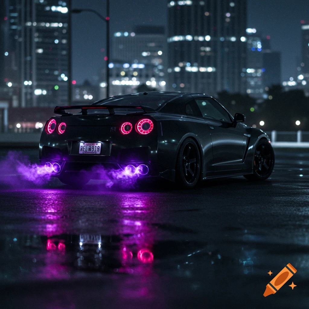 Black Nissan GTR with purple exhaust smoke and underglow on a wet street at night with city lights behind