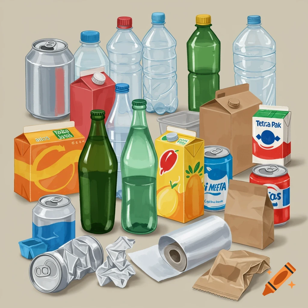 Collection of various recyclable containers including cans, bottles, and cartons.