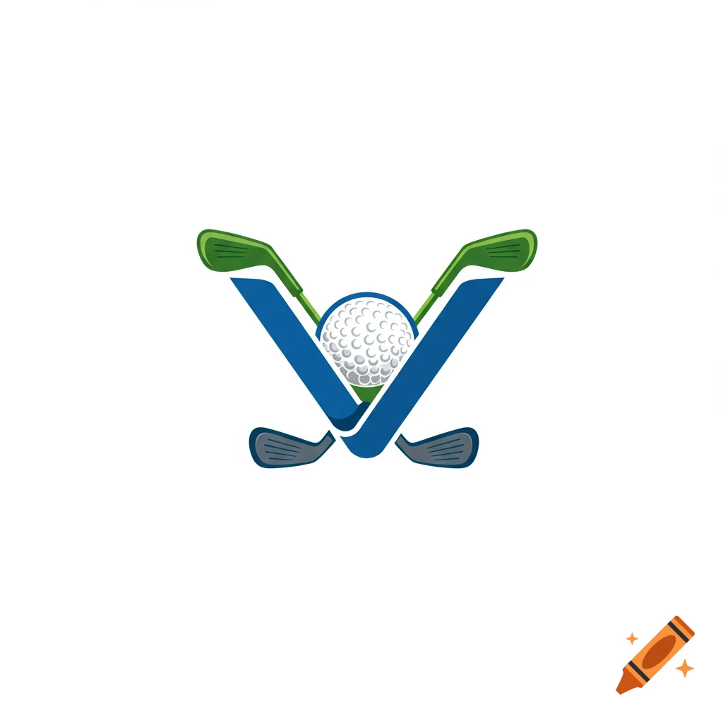 A logo featuring a golf ball, crossed golf clubs, and blue swooshes.