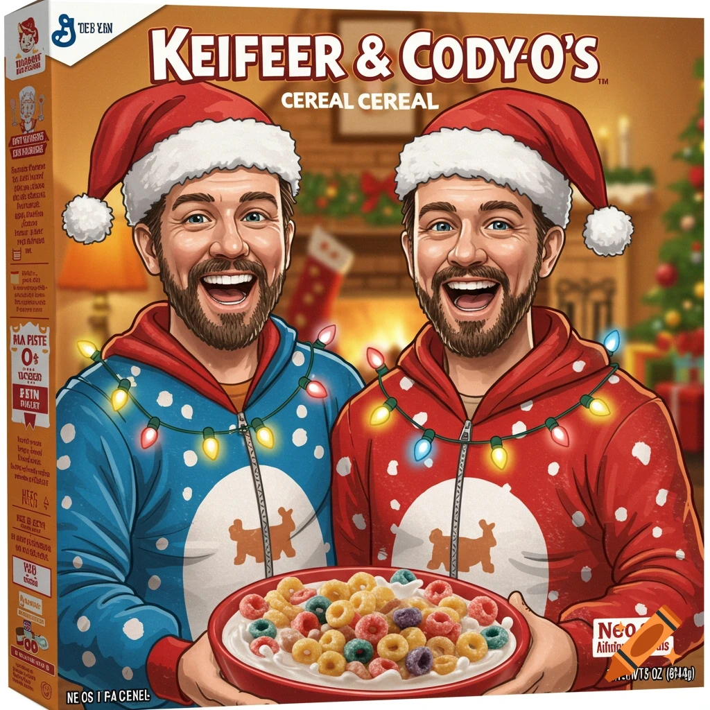 Two men on a cereal box wearing Santa hats and Christmas lights, holding a bowl of cereal.