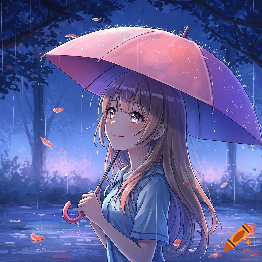 Anime girl with a pink and purple umbrella standing in the rain