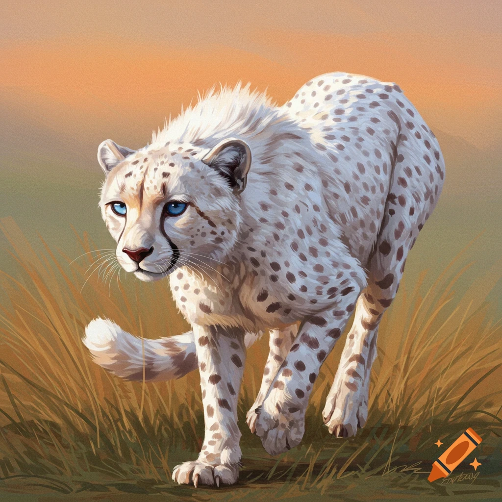 An albino cheetah walking through tall grass.
