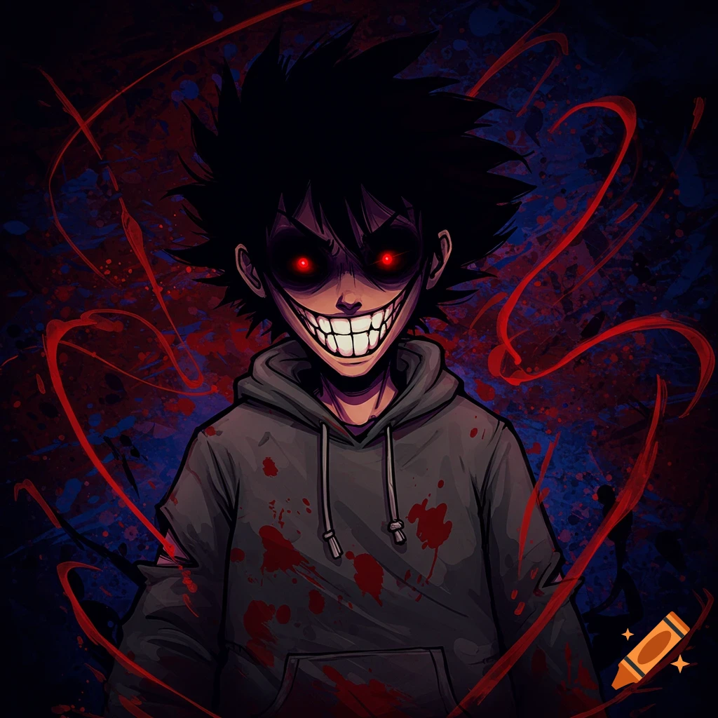 Anime style creepy character with red eyes, sharp smile, and blood splattered hoodie.