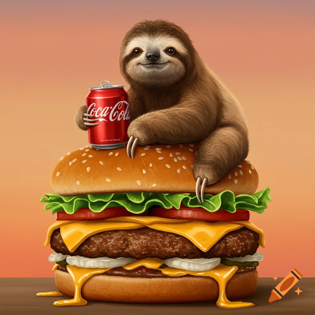 A cute sloth sits on a large, juicy cheeseburger, holding a red can of Coca-Cola.