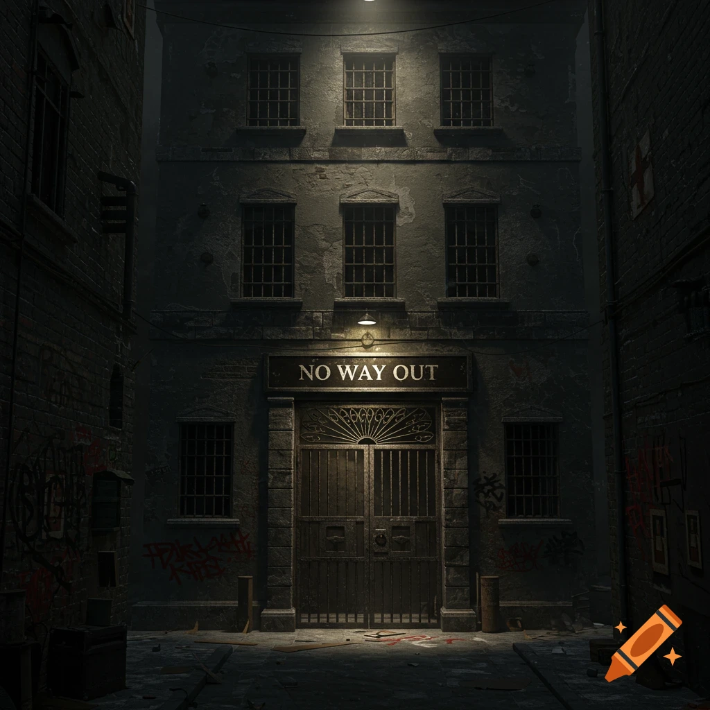 Dark, atmospheric view of a building entrance with a large gated door and a sign that reads "NO WAY OUT" under a light.