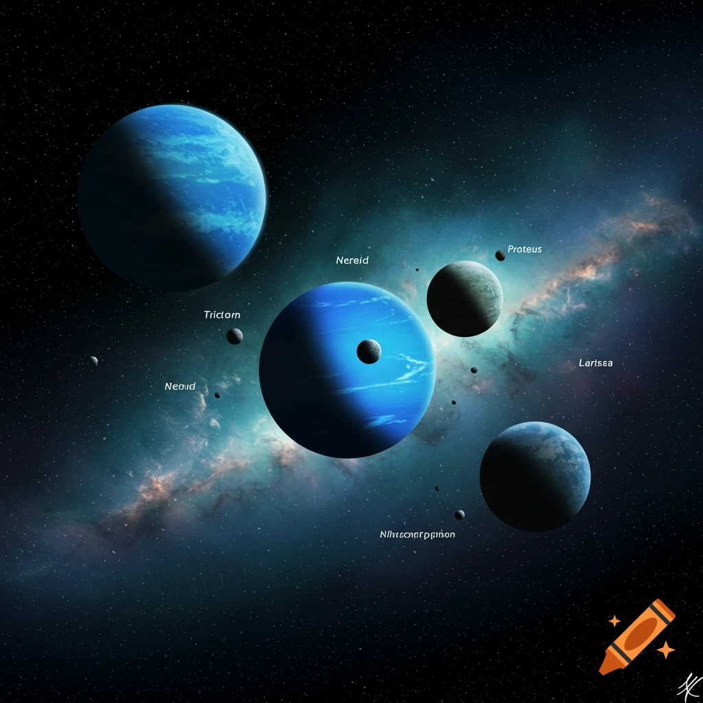 Planets and moons in deep space with a colorful nebula background.