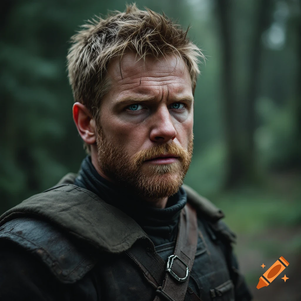 Photorealistic portrait of a rugged man with a beard and blue eyes in a dark forest.