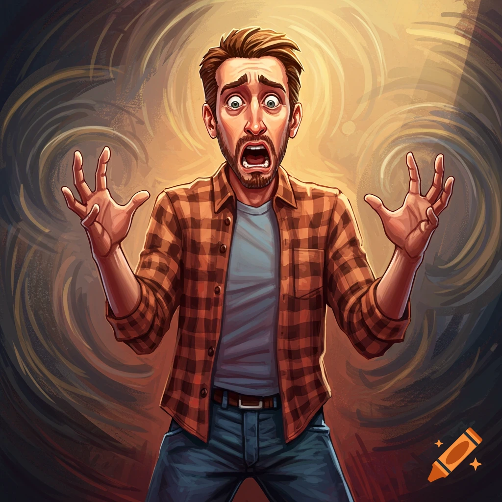 A man is looking panicked with hands raised.