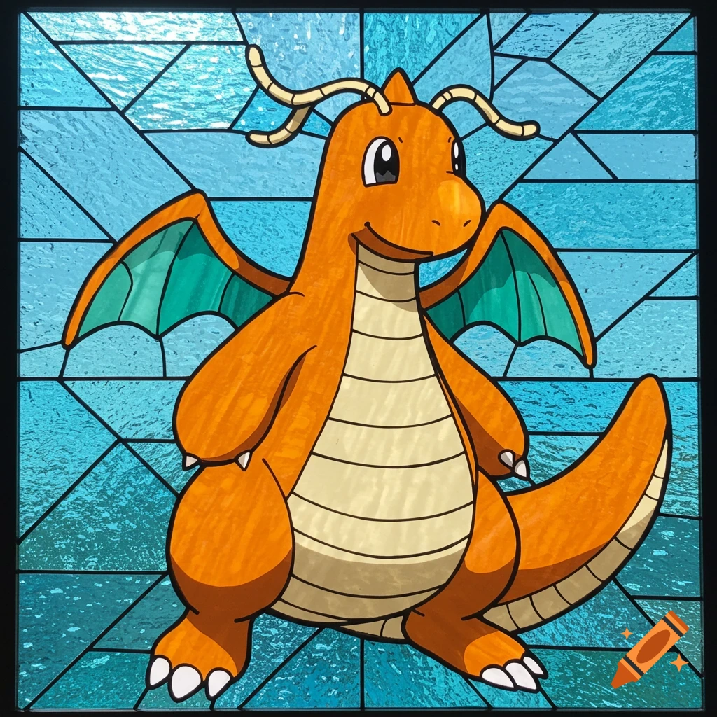 A stained glass depiction of Dragonite