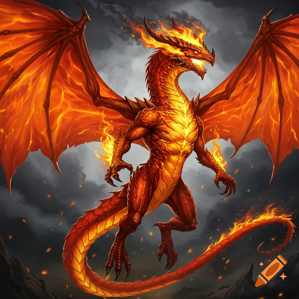 A fiery red dragon with large wings flies against a dark cloudy sky.
