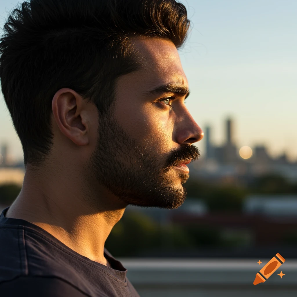 Side profile of a man with beard at sunset, city skyline in background.