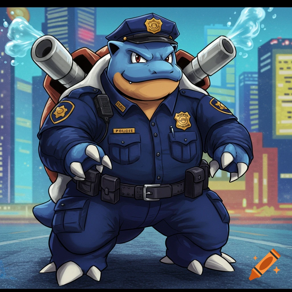 Blastoise in a police uniform standing in a city, squirting water from cannons.