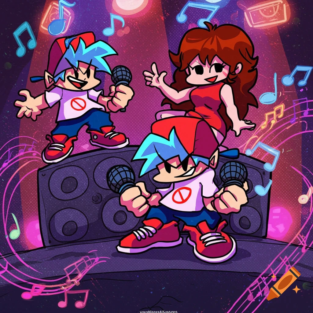 Cartoon characters from Friday Night Funkin performing on a speaker with microphones and musical notes.