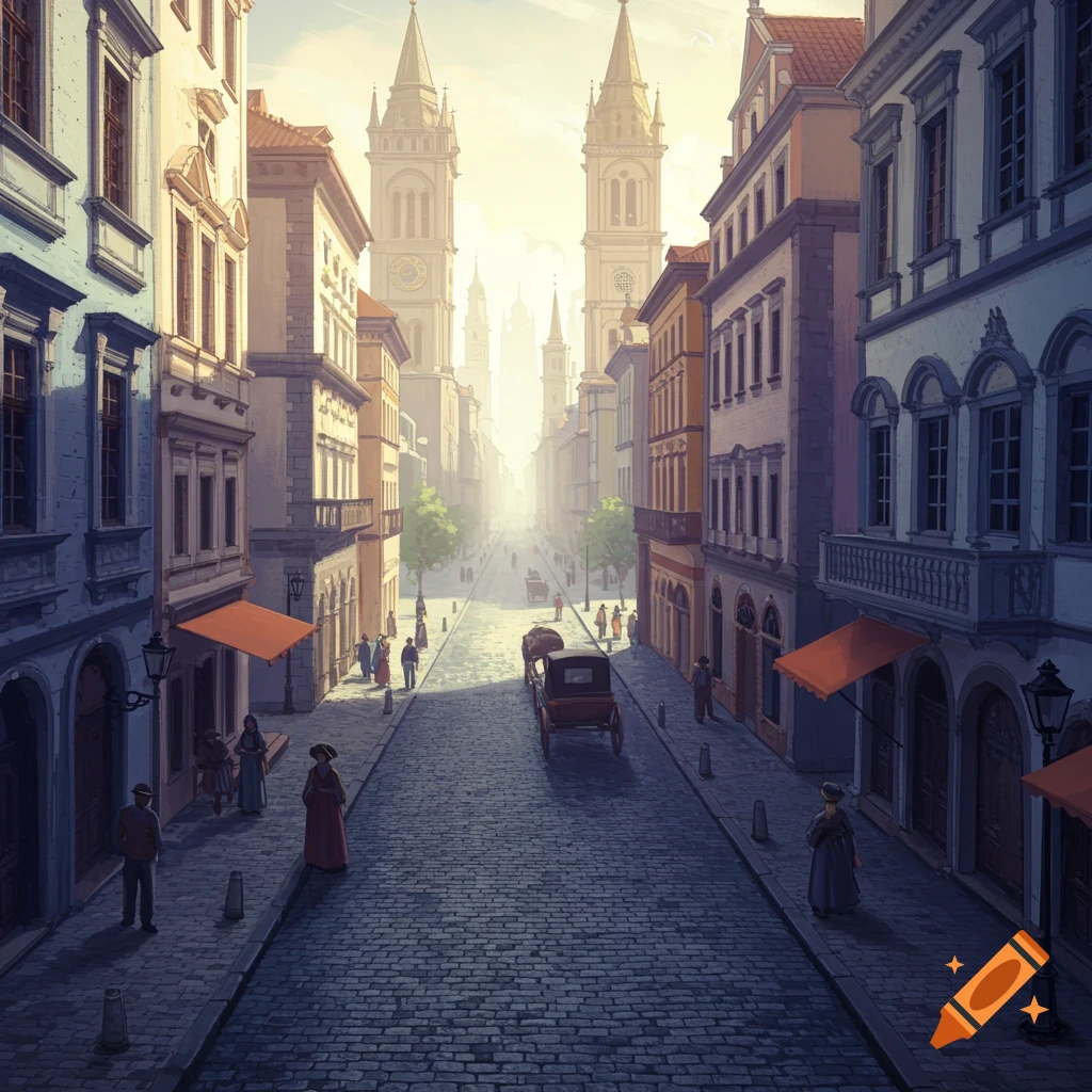 A bustling historical street with buildings and a horse-drawn carriage receding into the distance.
