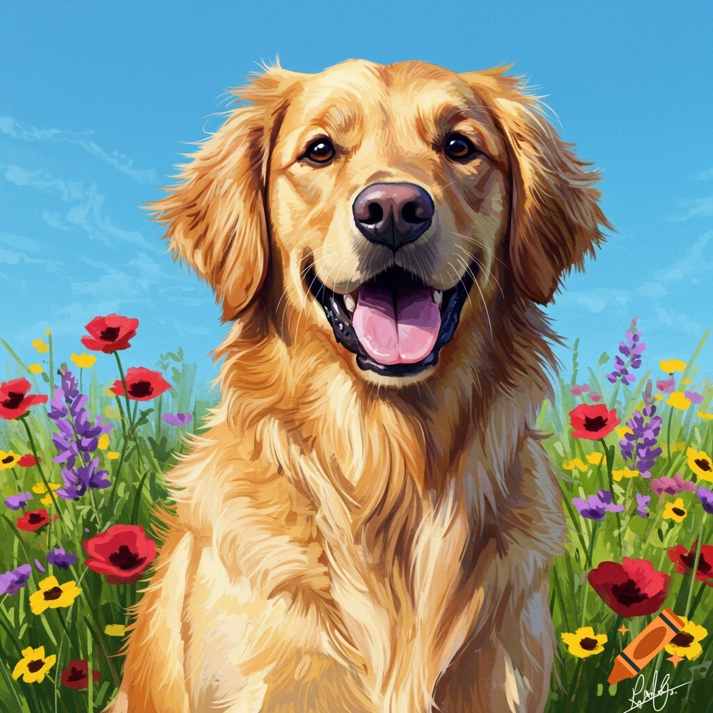 Golden retriever dog sits in a field of colorful wildflowers under a ...