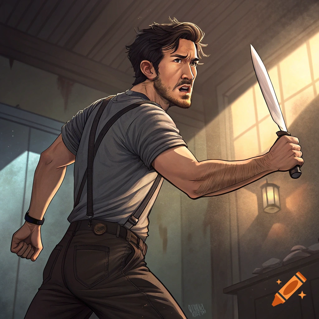 Stylized illustration of a man resembling Markiplier holding a knife in a dimly lit room.