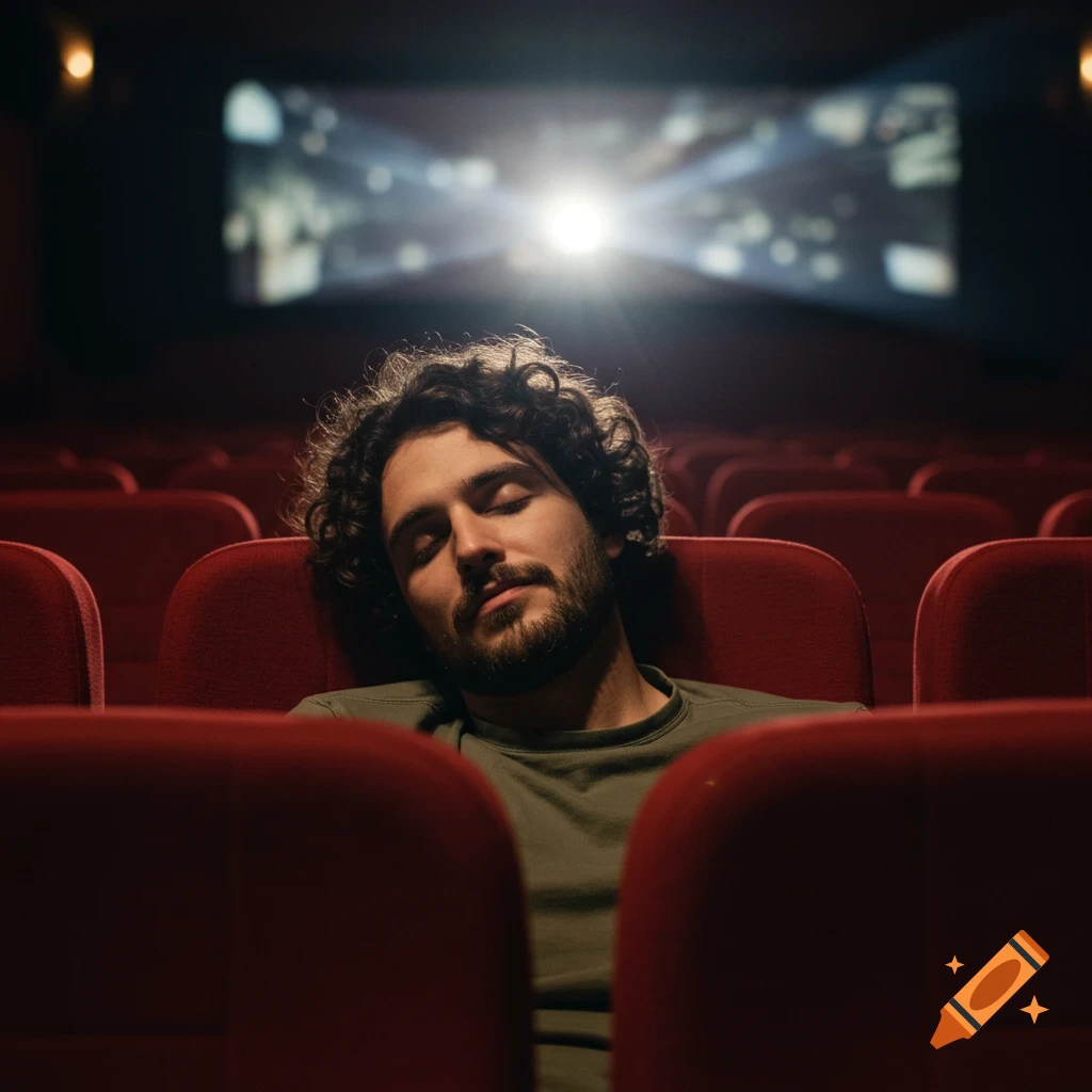 A man is sleeping in a red movie theater seat, lit by the projector beam from the screen.