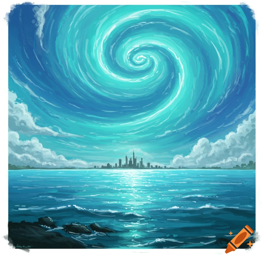 A large spiral cloud dominates a bright blue sky over a distant city skyline viewed from the sea.