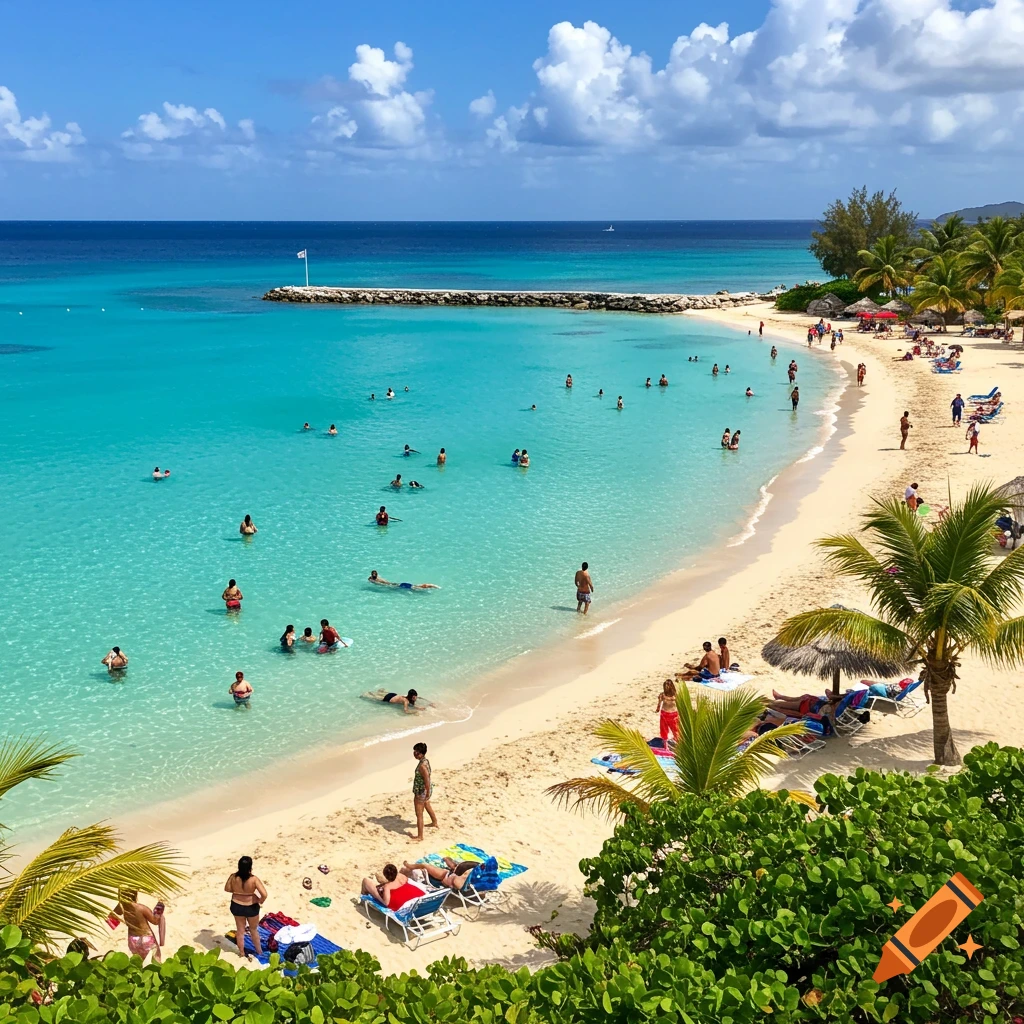 A crowded tropical beach with clear turquoise water and people swimming and sunbathing.