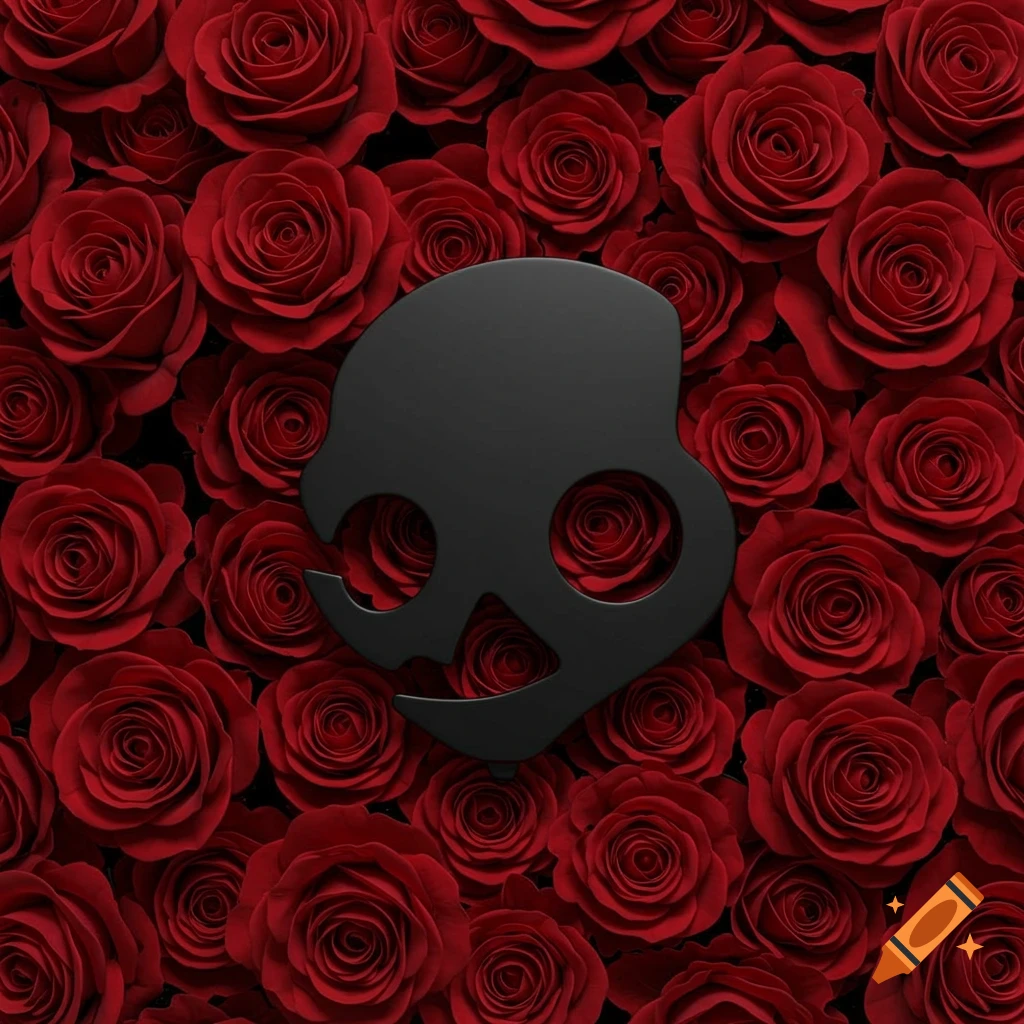 A black Skullcandy logo over a background of red roses.
