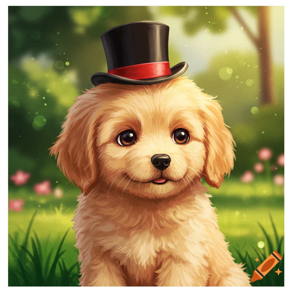 A cute puppy wearing a top hat in a garden.