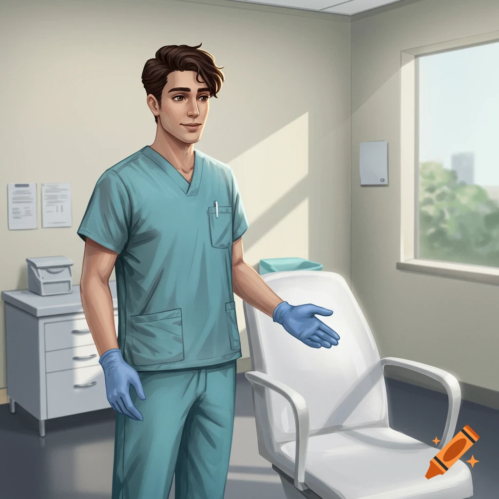 A man in medical scrubs and gloves stands next to a chair in a clinic.