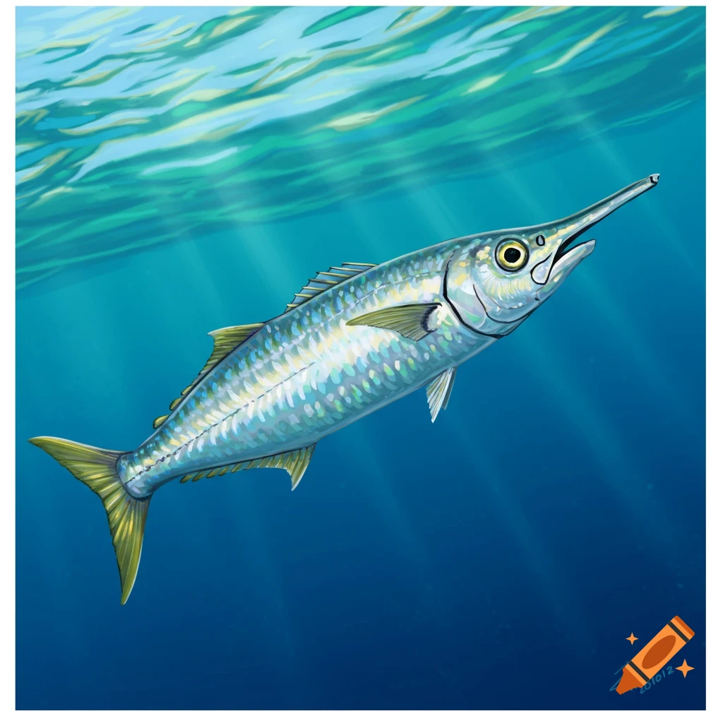 A detailed depiction of a Ballyhoo fish swimming in clear blue water with sunlight filtering from the surface.