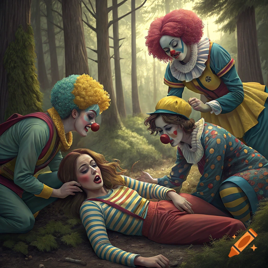 Three clowns surround a distressed person lying on the ground in a forest.