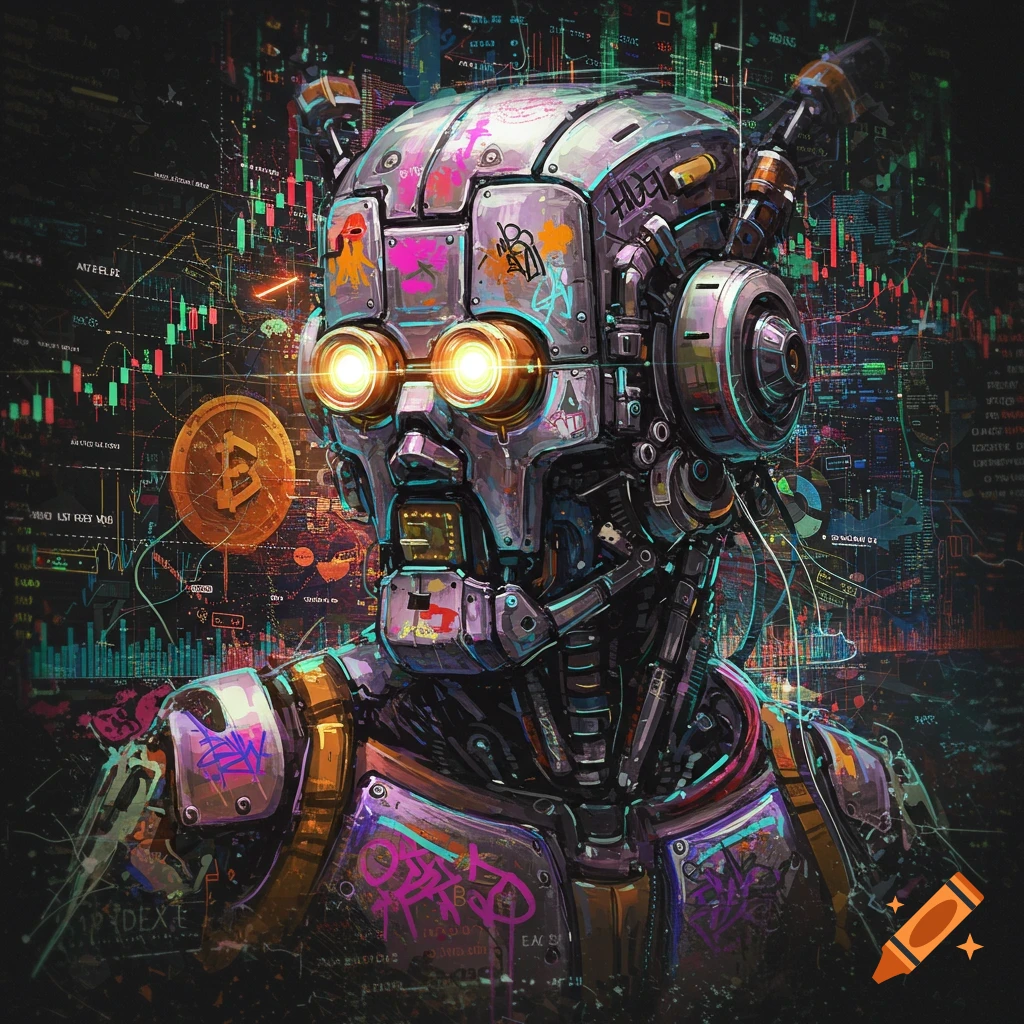Cyberpunk steampunk robot with glowing eyes in front of digital stock market charts and cryptocurrency symbol.