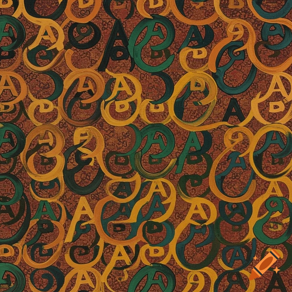 A dense, intertwined pattern of stylized yellow and green letters on a brown background.