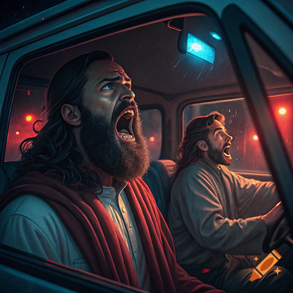 Two men screaming inside a car at night with red and blue lights outside. One man has a large beard and is driving.