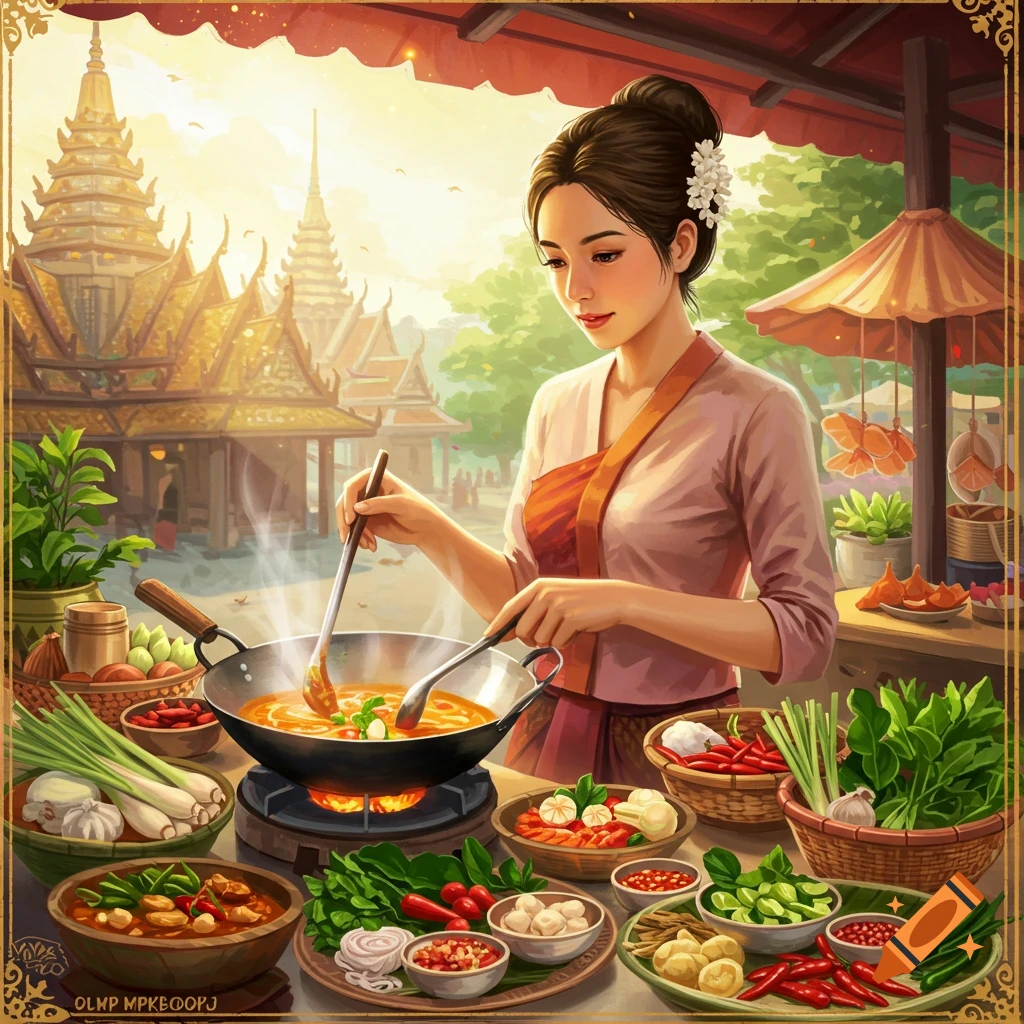 A Thai woman cooking food in a wok, surrounded by ingredients and traditional Thai architecture.