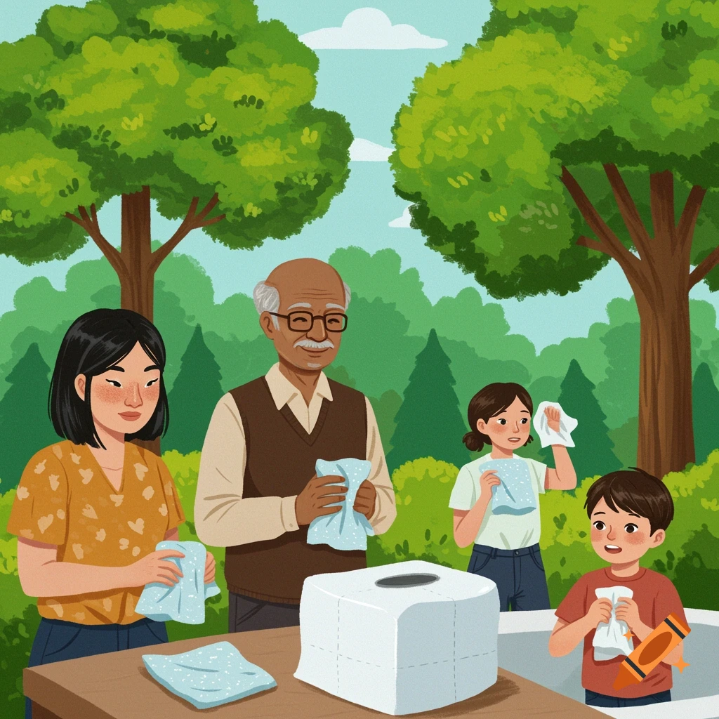 Illustration of a family cleaning outdoors with reusable cloths.