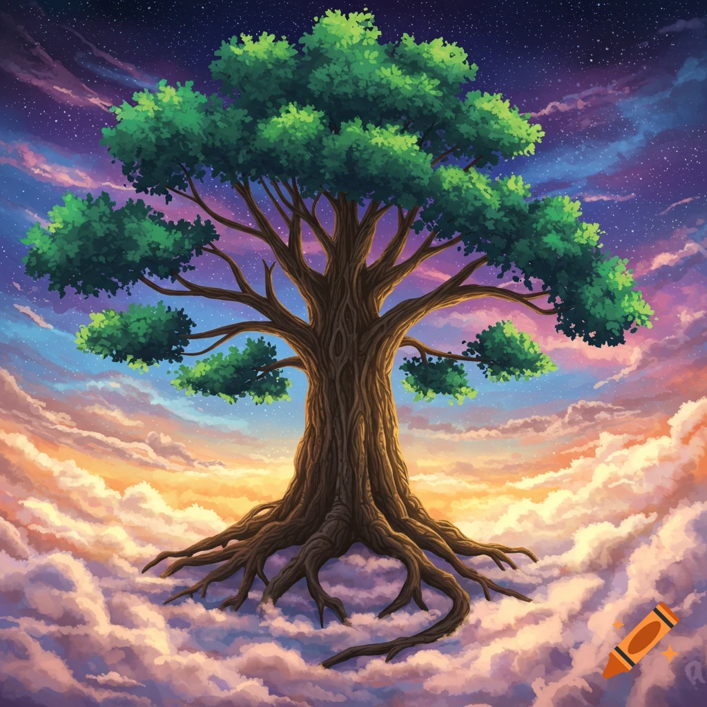 A large tree with exposed roots growing in the clouds under a starry, colorful sky.