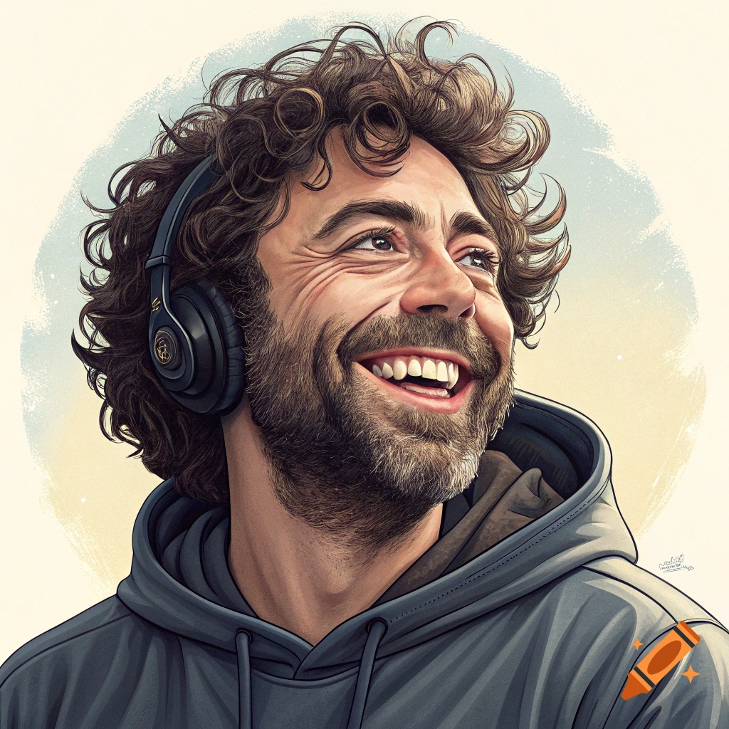 Stylized portrait of a smiling man with curly hair and beard wearing headphones.