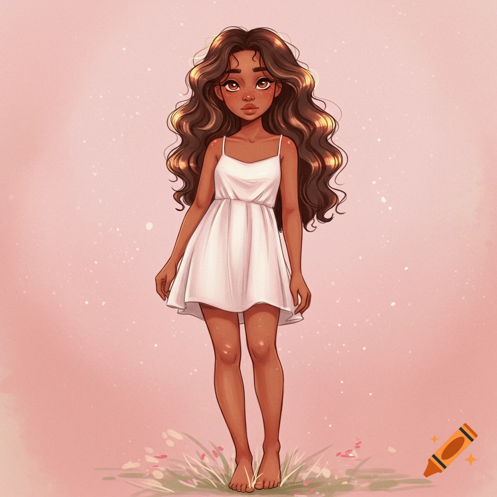 A cartoon girl with wavy brown hair wears a white dress while standing in grass.