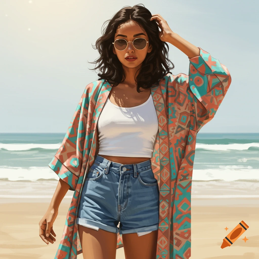 A woman in a crop top, denim shorts, and patterned kimono is on a beach.