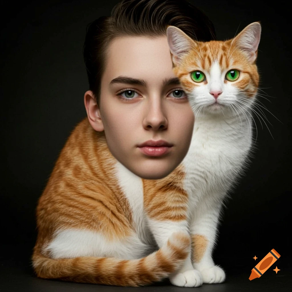 A human face on a cat's body sitting on a dark background.