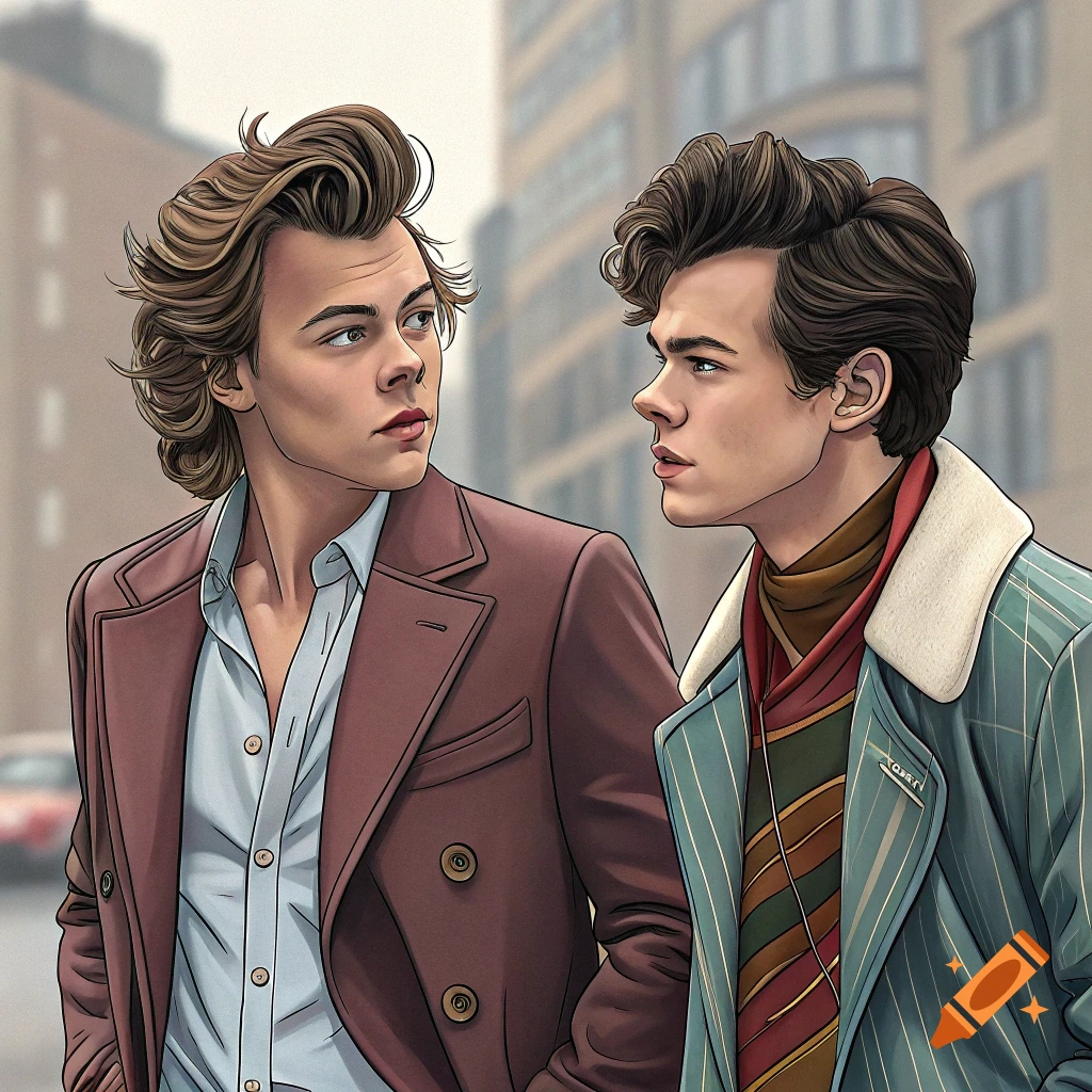 Illustrated portrait of two men in coats looking at each other on a street
