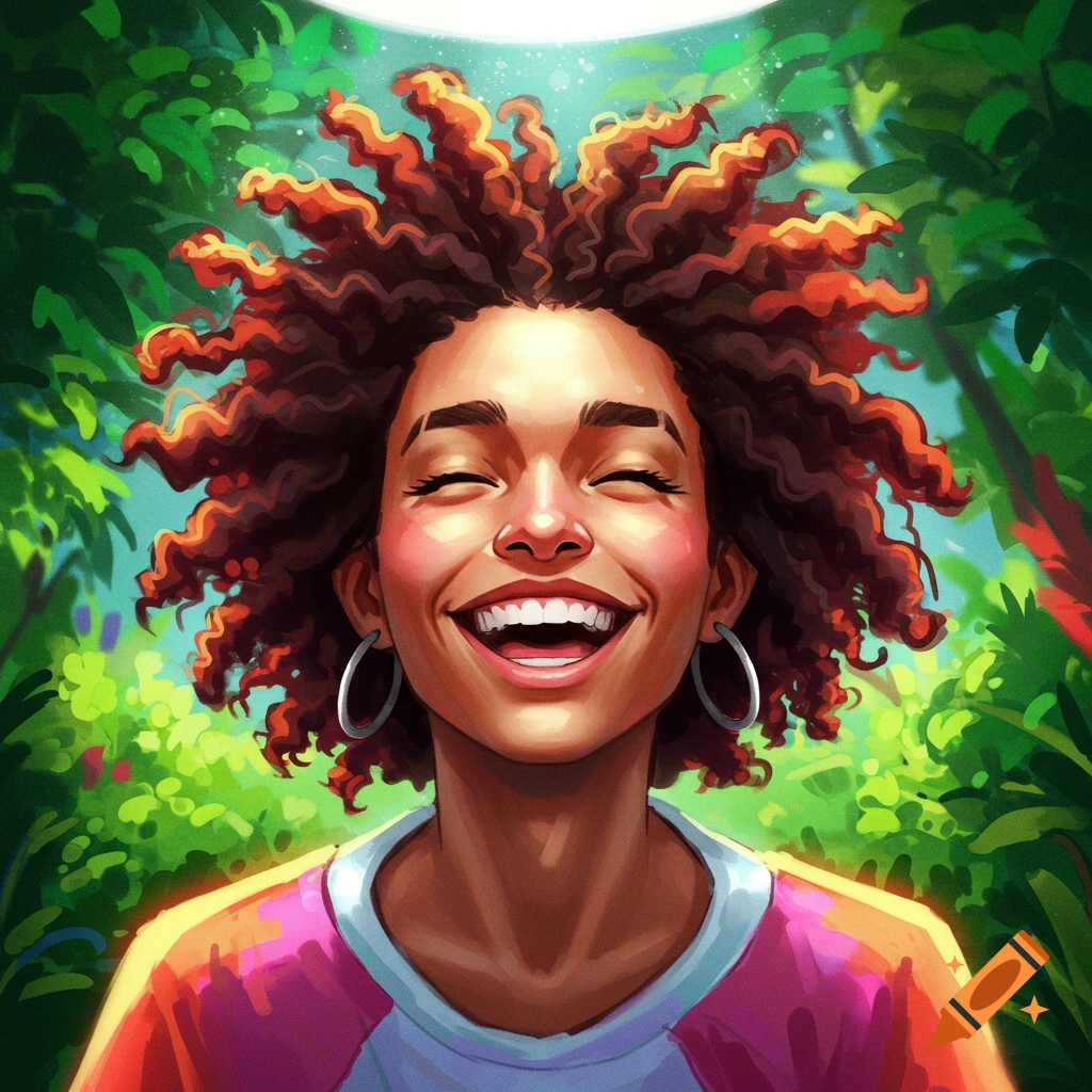 A vibrant image of a young woman smiling with eyes closed in a jungle setting.