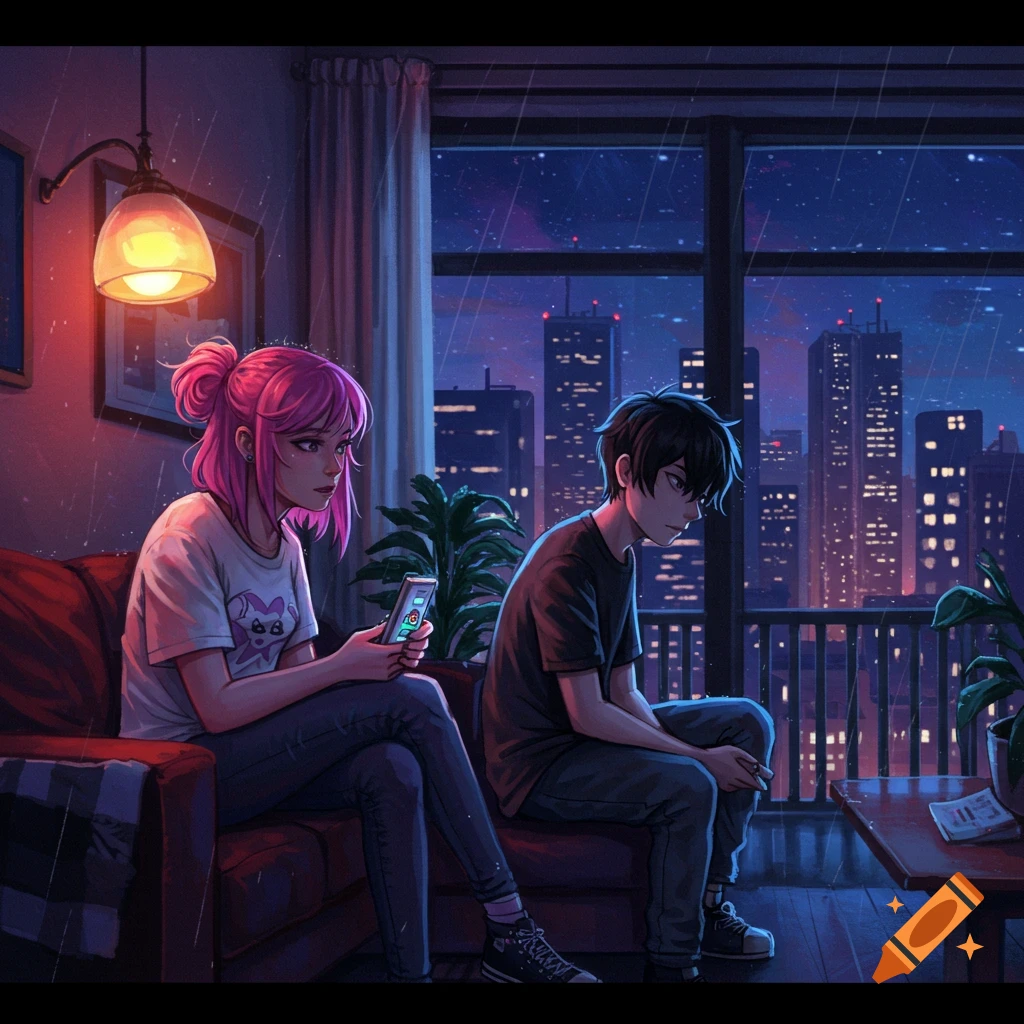 Anime style image of two people in an apartment watching the rainy city at night.